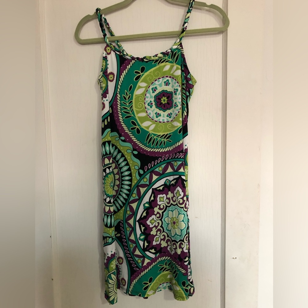 Multi colored mini dress, small, braided straps, poly/spandex